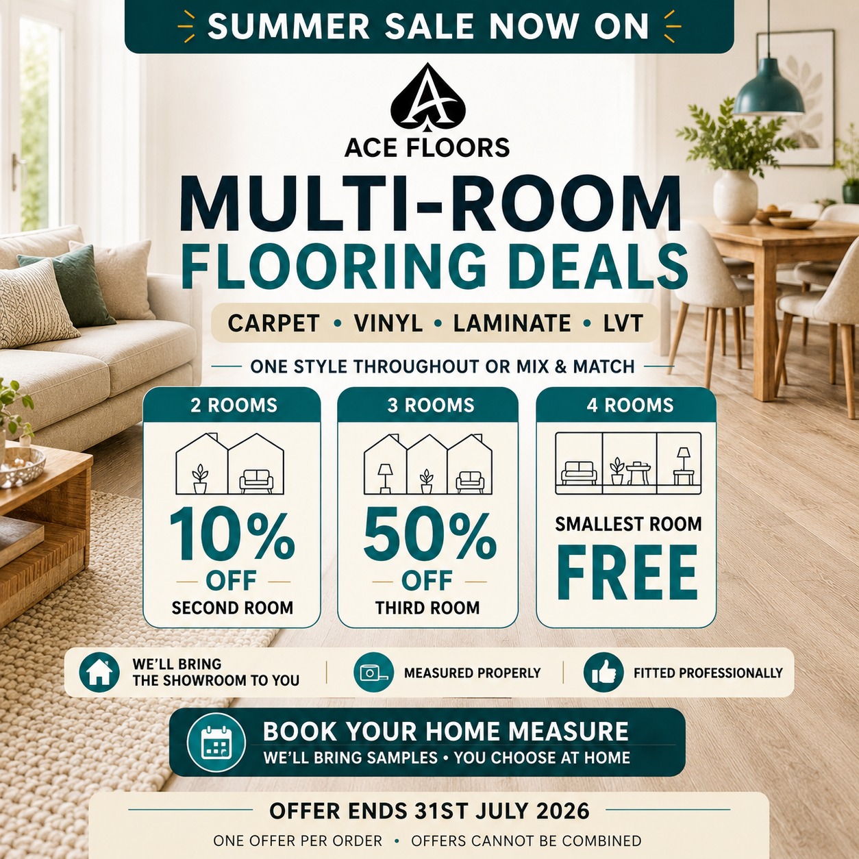 Ace Floors multi-room flooring deals for carpet, vinyl, laminate and LVT