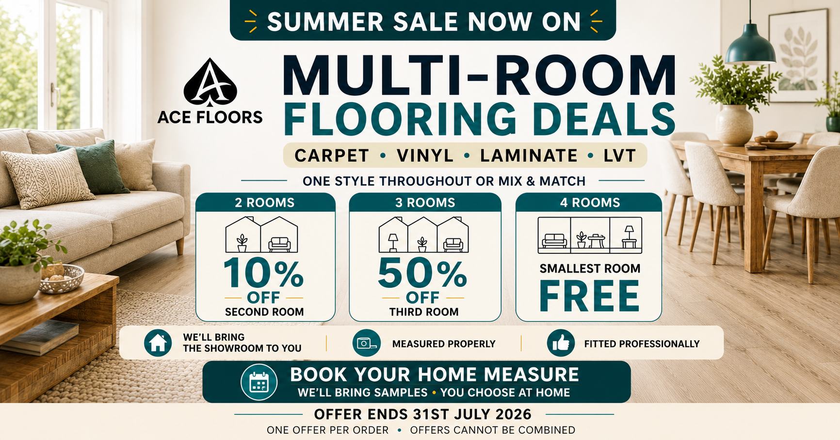 Ace Floors multi-room flooring deals for carpet, vinyl, laminate and LVT