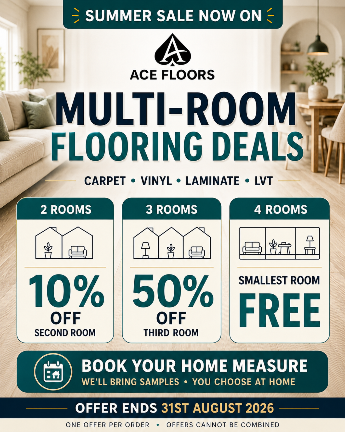 Ace Floors multi-room flooring deals for carpet, vinyl, laminate and LVT